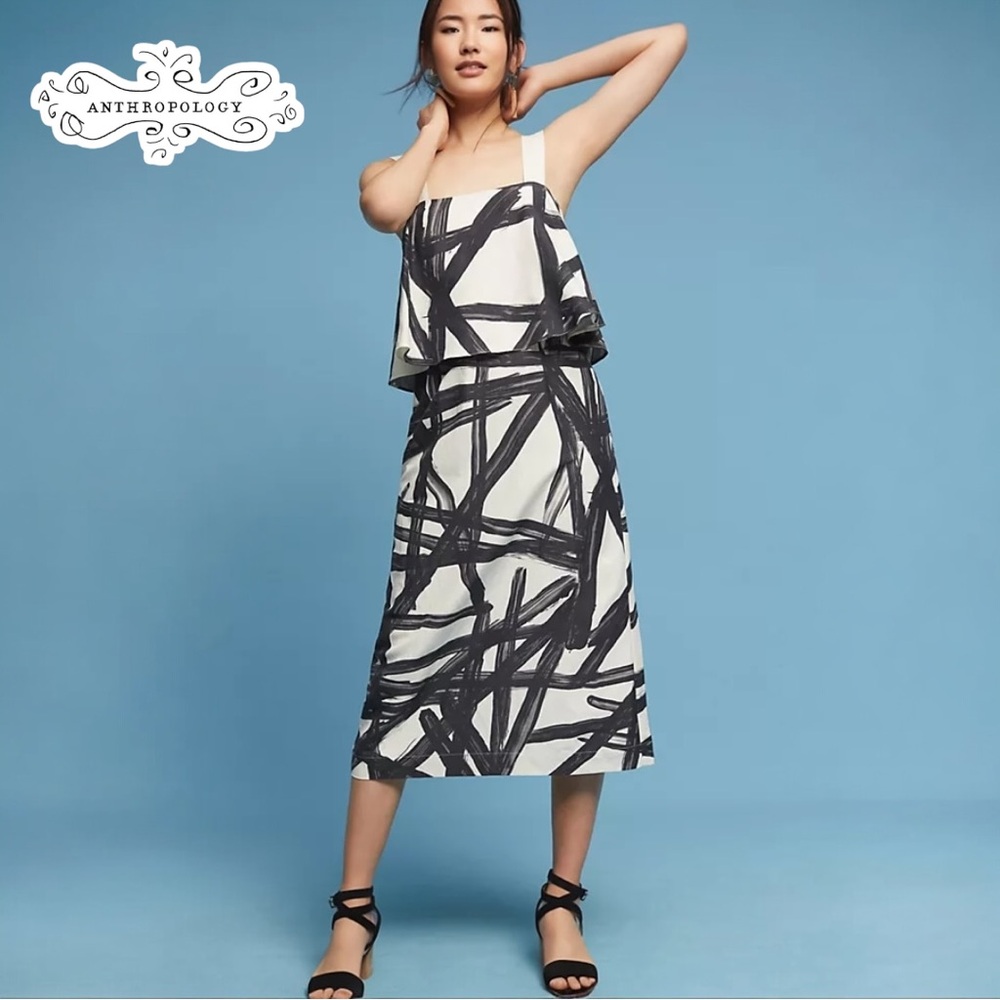 NWT Anthropologie WHIT Broadway Dress Silk Linen Sleeveless Ruffle Abstract Sz 6